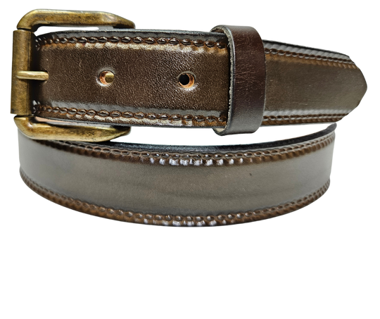 Our 1 1/4" Burywood Wine Casual Belt. Border embossing is just enough not to get in the way. It is constructed from full grain vegetable tanned cowhide. Choose a Antique Nickle or Brass over Solid brass Roller buckle along with painted edges. Made in the USA! Buckle snaps for easy changing. Available for quick shipment from our Smyrna, TN shop.