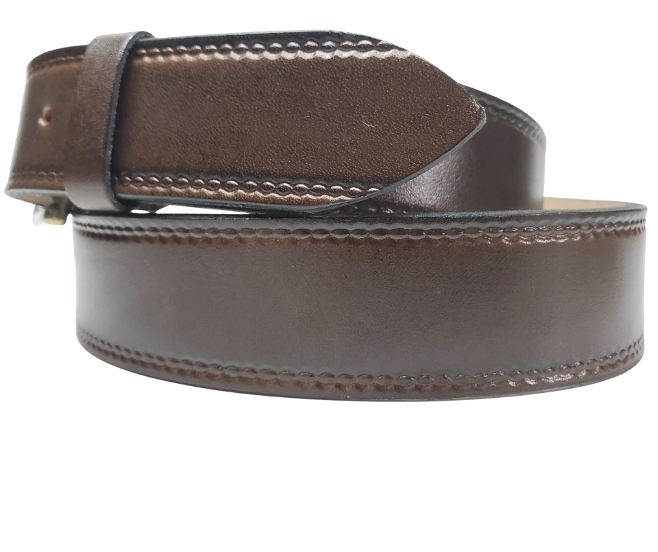 Our 1 1/4" Burywood Wine Casual Belt. Border embossing is just enough not to get in the way. It is constructed from full grain vegetable tanned cowhide. Choose a Antique Nickle or Brass over Solid brass Roller buckle along with painted edges. Made in the USA! Buckle snaps for easy changing. Available for quick shipment from our Smyrna, TN shop.