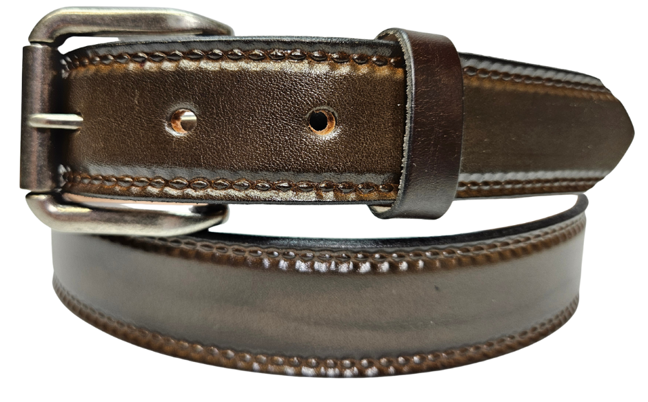 Our 1 1/4" Burywood Wine Casual Belt. Border embossing is just enough not to get in the way. It is constructed from full grain vegetable tanned cowhide. Choose a Antique Nickle or Brass over Solid brass Roller buckle along with painted edges. Made in the USA! Buckle snaps for easy changing. Available for quick shipment from our Smyrna, TN shop.
