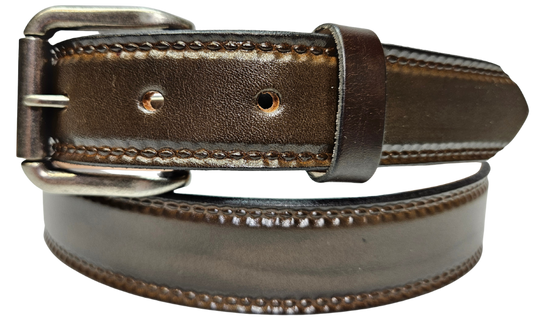 Our 1 1/4" Burywood Wine Casual Belt. Border embossing is just enough not to get in the way. It is constructed from full grain vegetable tanned cowhide. Choose a Antique Nickle or Brass over Solid brass Roller buckle along with painted edges. Made in the USA! Buckle snaps for easy changing. Available for quick shipment from our Smyrna, TN shop.