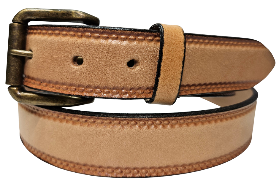 Our 1 1/4" Burywood Natural Casual Belt. Border embossing is just enough not to get in the way. It is constructed from full grain vegetable tanned cowhide. Choose a Antique Nickle or Brass over Solid brass Roller buckle along with painted edges. Made in the USA! Buckle snaps for easy changing. Available for quick shipment from our Smyrna, TN shop.