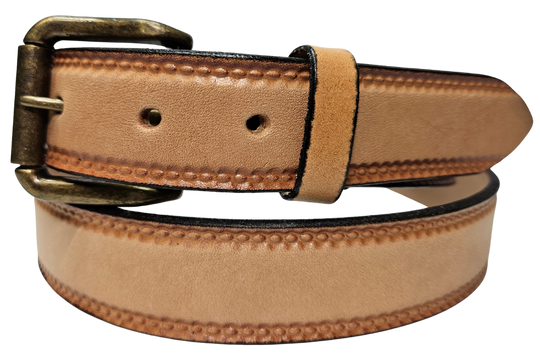 Our 1 1/4" Burywood Natural Casual Belt. Border embossing is just enough not to get in the way. It is constructed from full grain vegetable tanned cowhide. Choose a Antique Nickle or Brass over Solid brass Roller buckle along with painted edges. Made in the USA! Buckle snaps for easy changing. Available for quick shipment from our Smyrna, TN shop.