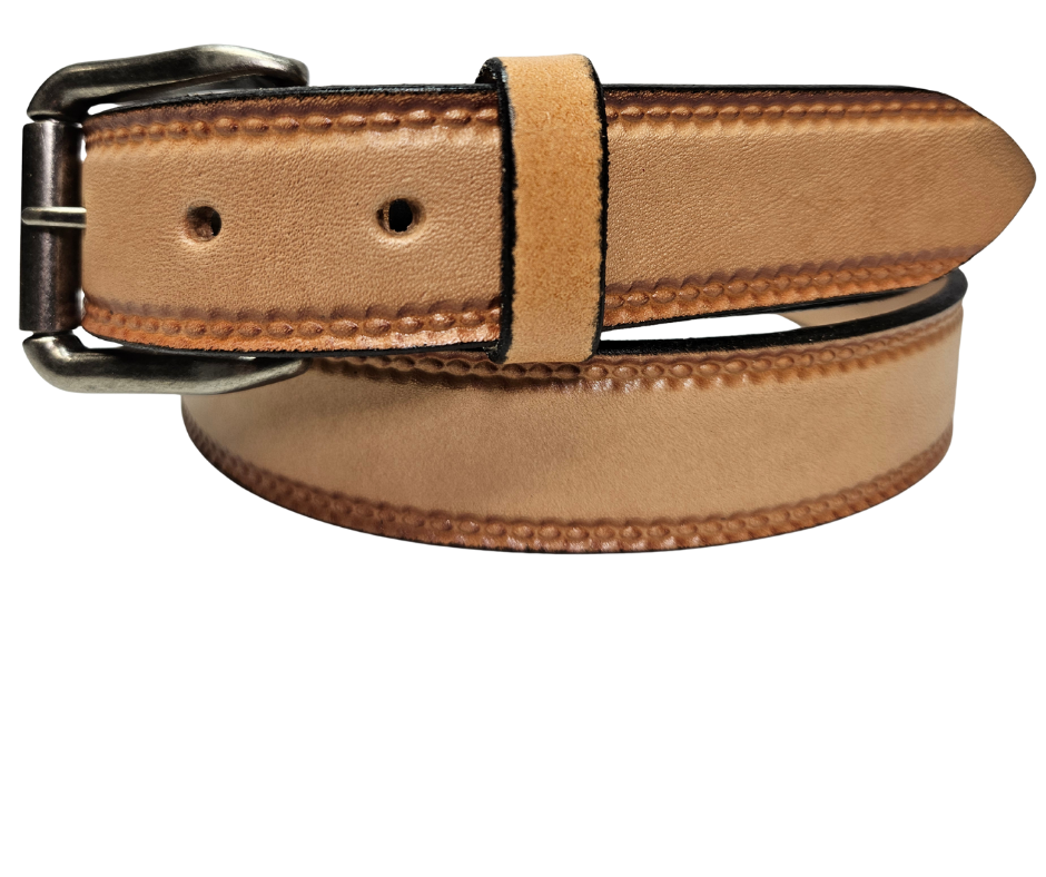 Our 1 1/4" Burywood Natural Casual Belt. Border embossing is just enough not to get in the way. It is constructed from full grain vegetable tanned cowhide. Choose a Antique Nickle or Brass over Solid brass Roller buckle along with painted edges. Made in the USA! Buckle snaps for easy changing. Available for quick shipment from our Smyrna, TN shop.