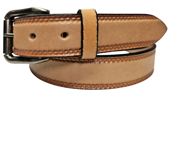 Our 1 1/4" Burywood Natural Casual Belt. Border embossing is just enough not to get in the way. It is constructed from full grain vegetable tanned cowhide. Choose a Antique Nickle or Brass over Solid brass Roller buckle along with painted edges. Made in the USA! Buckle snaps for easy changing. Available for quick shipment from our Smyrna, TN shop.
