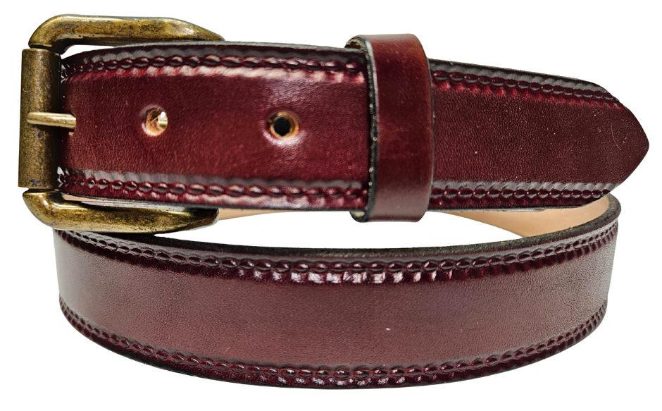 Our 1 1/4" Burywood Wine Casual Belt. Border embossing is just enough not to get in the way. It is constructed from full grain vegetable tanned cowhide. Choose a Antique Nickle or Brass over Solid brass Roller buckle along with painted edges. Made in the USA! Buckle snaps for easy changing. Available for quick shipment from our Smyrna, TN shop.