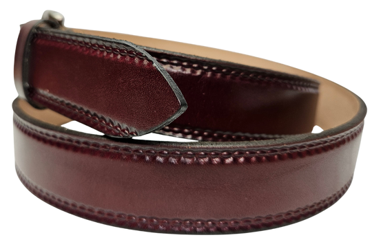 Our 1 1/4" Burywood Wine Casual Belt. Border embossing is just enough not to get in the way. It is constructed from full grain vegetable tanned cowhide. Choose a Antique Nickle or Brass over Solid brass Roller buckle along with painted edges. Made in the USA! Buckle snaps for easy changing. Available for quick shipment from our Smyrna, TN shop.
