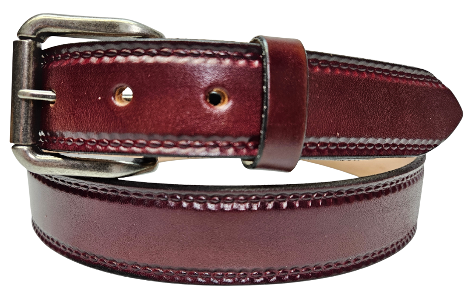 Our 1 1/4" Burywood Wine Casual Belt. Border embossing is just enough not to get in the way. It is constructed from full grain vegetable tanned cowhide. Choose a Antique Nickle or Brass over Solid brass Roller buckle along with painted edges. Made in the USA! Buckle snaps for easy changing. Available for quick shipment from our Smyrna, TN shop.