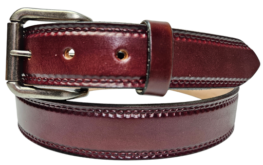 Our 1 1/4" Burywood Wine Casual Belt. Border embossing is just enough not to get in the way. It is constructed from full grain vegetable tanned cowhide. Choose a Antique Nickle or Brass over Solid brass Roller buckle along with painted edges. Made in the USA! Buckle snaps for easy changing. Available for quick shipment from our Smyrna, TN shop.