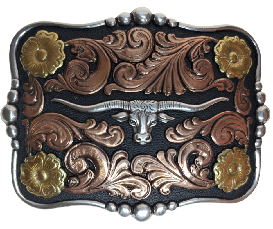 Longhorns embody the spirit of the West. Pay homage to an iconic breed with the "Butler Longhorn" Belt Buckle! Its squared shape, copper and brass accents, and bold black background make the scroll design really stand out! At 2 1/2" x 3 1/2", this buckle is ready to take a risk and add some western to your wardrobe. Get yours online or in-person at our Smyrna, TN shop outside of Nashville! Imported