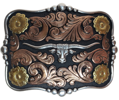 Longhorns embody the spirit of the West. Pay homage to an iconic breed with the "Butler Longhorn" Belt Buckle! Its squared shape, copper and brass accents, and bold black background make the scroll design really stand out! At 2 1/2" x 3 1/2", this buckle is ready to take a risk and add some western to your wardrobe. Get yours online or in-person at our Smyrna, TN shop outside of Nashville! Imported