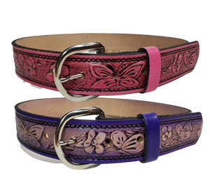 This stylish leather Kid's belt features beautiful Flowers and Butterfly pattern that is sure to draw attention. The easy-change metal buckle makes for comfortable wear and makes it easy to add your own buckle. Perfect for adding a unique touch to any wardrobe. This belt is stocked in our shop outside Nashville in Smyrna, TN.