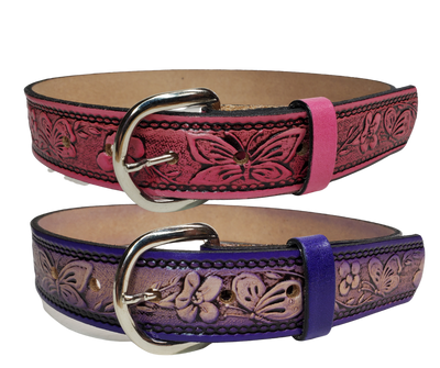 This stylish leather Kid's belt features beautiful Flowers and Butterfly pattern that is sure to draw attention. The easy-change metal buckle makes for comfortable wear and makes it easy to add your own buckle. Perfect for adding a unique touch to any wardrobe. This belt is stocked in our shop outside Nashville in Smyrna, TN.