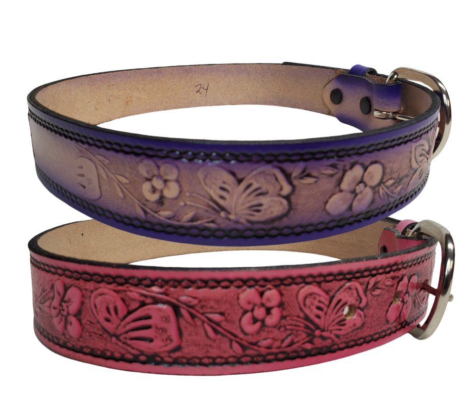 This stylish leather Kid's belt features beautiful Flowers and Butterfly pattern that is sure to draw attention. The easy-change metal buckle makes for comfortable wear and makes it easy to add your own buckle. Perfect for adding a unique touch to any wardrobe. This belt is stocked in our shop outside Nashville in Smyrna, TN.