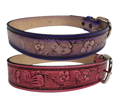 This stylish leather Kid's belt features beautiful Flowers and Butterfly pattern that is sure to draw attention. The easy-change metal buckle makes for comfortable wear and makes it easy to add your own buckle. Perfect for adding a unique touch to any wardrobe. This belt is stocked in our shop outside Nashville in Smyrna, TN.