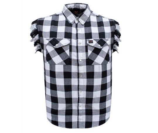 Classic Frayed Sleeveless Shirt in a Black and White Checkered pattern accented with pearl snaps. The perfect shirt for those warm summer rides. Now in stock at our Smyrna, TN not far from Bumpus HD in Murfreesboro.

100% Cotton

Two Chest Pockets
Snap down collar to keep it from slapping on face
Pearl snap front