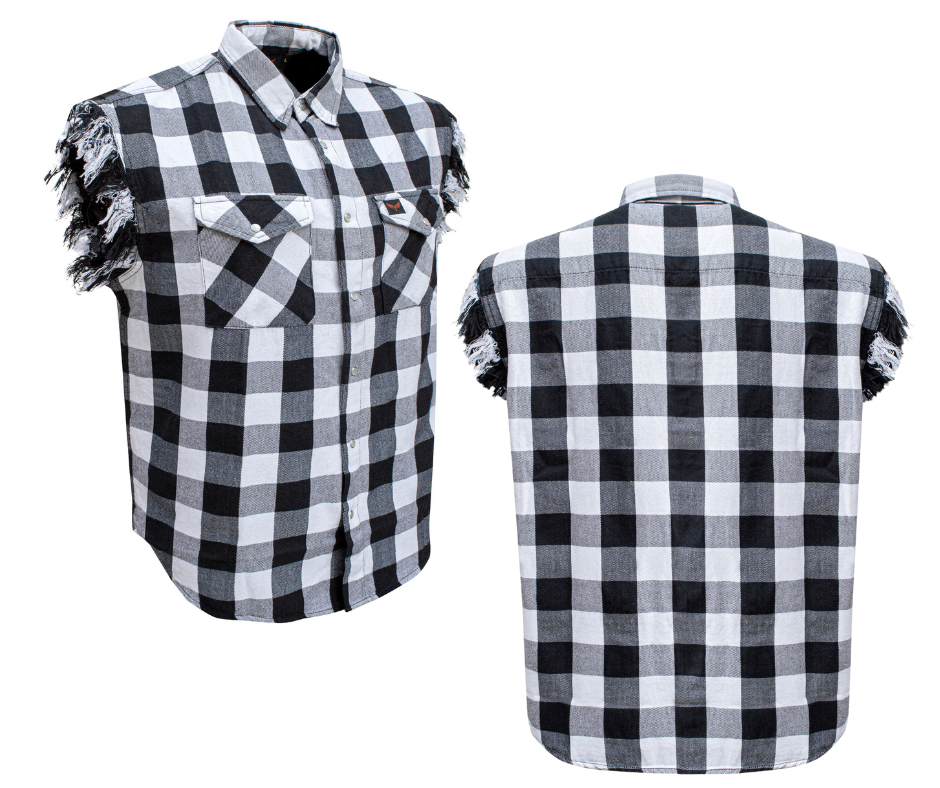 Classic Frayed Sleeveless Shirt in a Black and White Checkered pattern accented with pearl snaps. The perfect shirt for those warm summer rides. Now in stock at our Smyrna, TN not far from Bumpus HD in Murfreesboro.

100% Cotton

Two Chest Pockets
Snap down collar to keep it from slapping on face
Pearl snap front