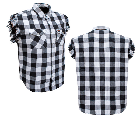 Classic Frayed Sleeveless Shirt in a Black and White Checkered pattern accented with pearl snaps. The perfect shirt for those warm summer rides. Now in stock at our Smyrna, TN not far from Bumpus HD in Murfreesboro.

100% Cotton

Two Chest Pockets
Snap down collar to keep it from slapping on face
Pearl snap front