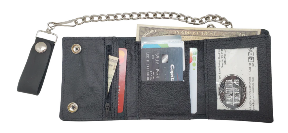 Our Bar Hopper Chain wallet is just the right amount of wallet for your night out riding your bike. It's Made in USA in a popular Tri-fold style&nbsp;with I.D. holder, 4 card slots in center section with a under pocket, zippered pocket also with a under pocket and a&nbsp;Main cash compartment. A&nbsp;12" chain keeps it's secure in a compact folded size 3 1/2" x 4 1/2" open 10 1/2" x 3 1/2". Pick yours up at our Smyrna, Tn shop not far from Murfreesboro.