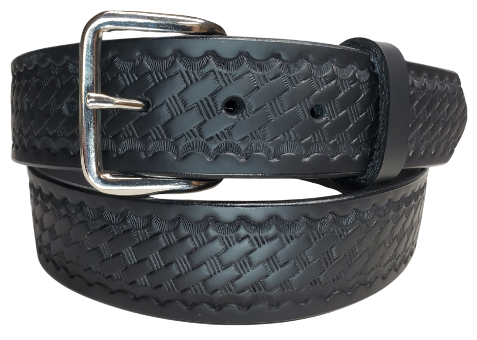 Basket Case black leather belt with basket weave pattern