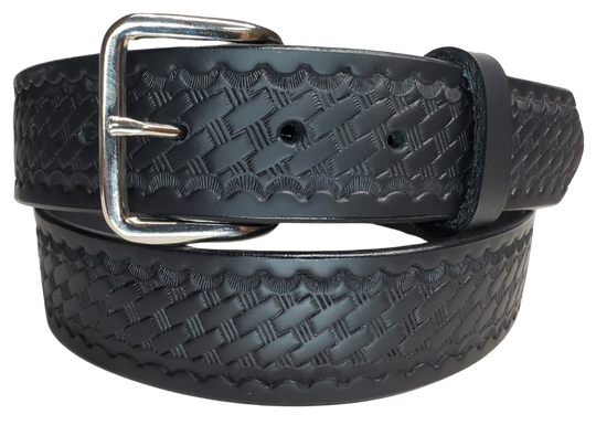 Basket Case black leather belt with basket weave pattern