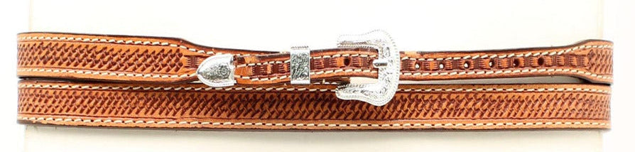 Create your own personalized hat style with this Basket weave leather hatband. This classic hatband is a genuine leather strap and uses a belt style adjustment with a silver buckle. Take your hat to another level. In stock at our Smyrna, TN shop not far from Opry Mills Mall.

Tapers 1/2" to 3/8"
Measures 27" in length
Basket weave embossing
Adjustable Buckle Closure