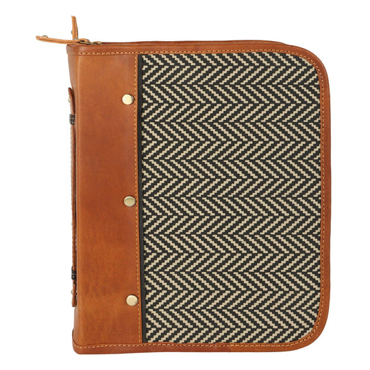 Brown zippered Bible cover, leather with herringbone patterned inset.