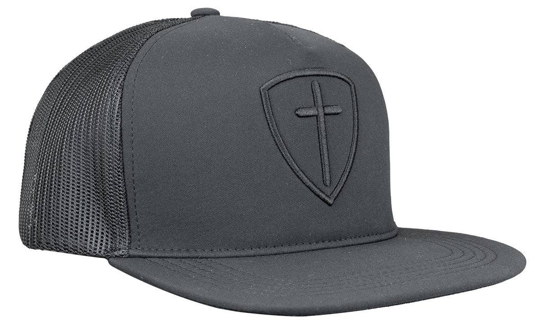 Thrive where you are planted in this “Solid Black Cross And Shield” Cap by Kerusso . Black with a tone-on-tone lofted embroidery design. God sent His only Son, Jesus Christ, to die on the cross in exchange for our sins. We sell these at our Smyrna, TN shop because we BELIEVE too!

Color: Black * 100% Polyester
Mid-Rise structured; flat bill
Lofted embroidery * Mesh back with snap closure
Do not launder
One size fits most