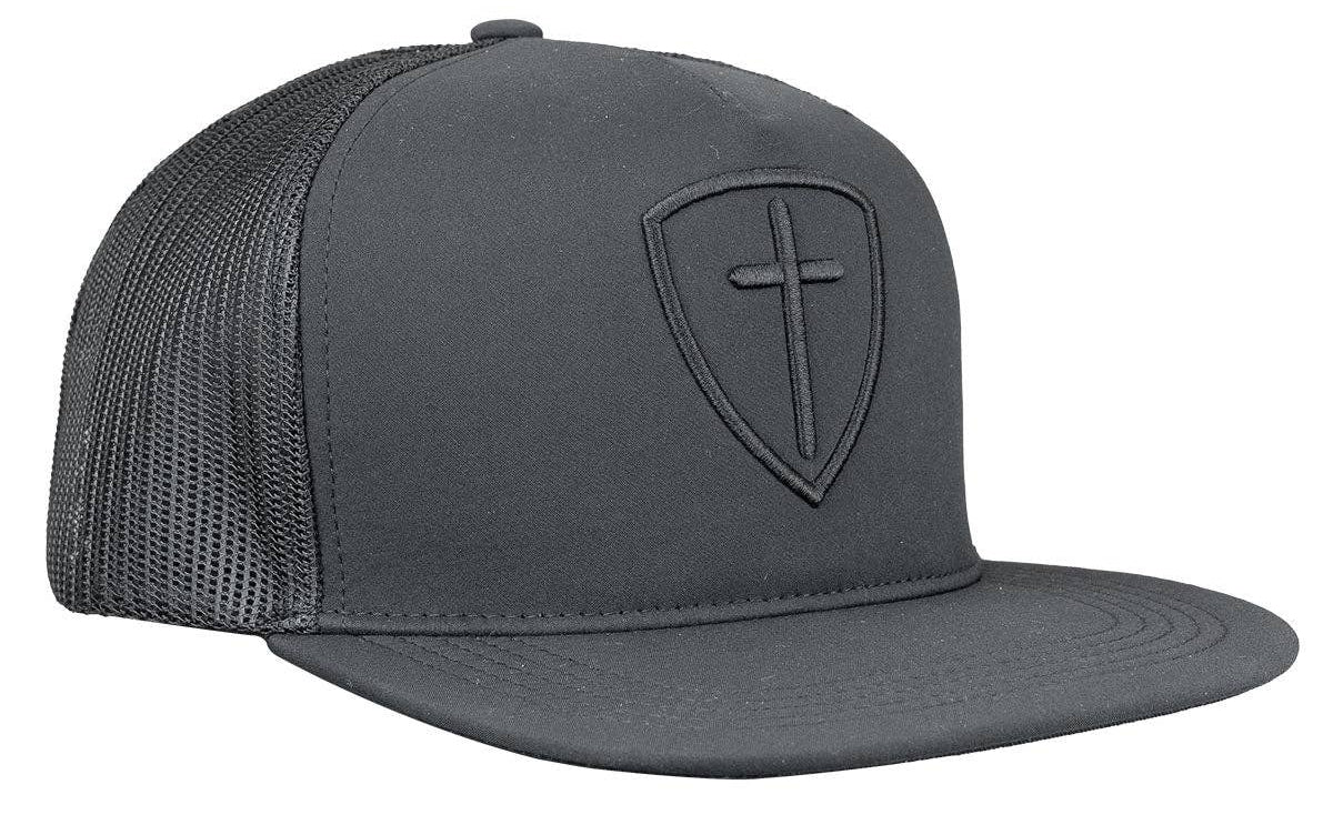 Thrive where you are planted in this “Solid Black Cross And Shield” Cap by Kerusso . Black with a tone-on-tone lofted embroidery design. God sent His only Son, Jesus Christ, to die on the cross in exchange for our sins. We sell these at our Smyrna, TN shop because we BELIEVE too!

Color: Black * 100% Polyester
Mid-Rise structured; flat bill
Lofted embroidery * Mesh back with snap closure
Do not launder
One size fits most