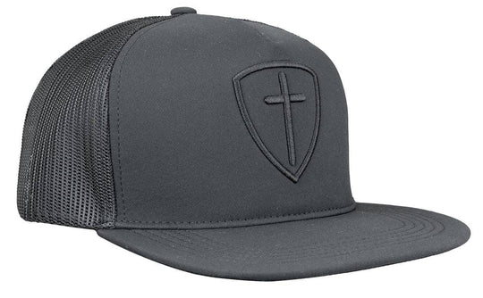 Thrive where you are planted in this “Solid Black Cross And Shield” Cap by Kerusso . Black with a tone-on-tone lofted embroidery design. God sent His only Son, Jesus Christ, to die on the cross in exchange for our sins. We sell these at our Smyrna, TN shop because we BELIEVE too!

Color: Black * 100% Polyester
Mid-Rise structured; flat bill
Lofted embroidery * Mesh back with snap closure
Do not launder
One size fits most