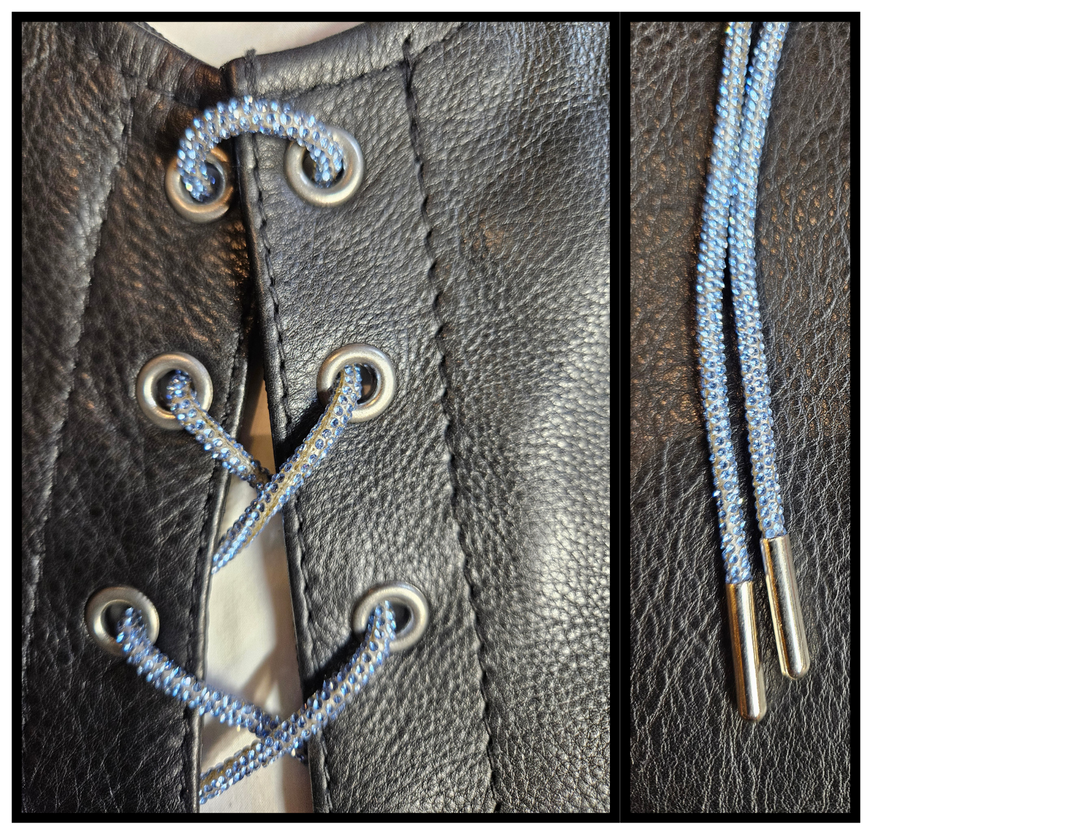 Bling Lace Pair is a new version of the standard leather lace, BUT with micro Bling attached. The crystal coating runs dense and even across the full 6-foot cord. A fun and shiny alternative to personalizing your vest. Available in our Smyrna, TN shop.

Orange is bright and bold. Blue is soft and ice cold. Red is bold and rich. Gold is a champagne shine. Silver is shimmering light. Pink has a blush-full depth. Purple is lavender. Black is dazzling.