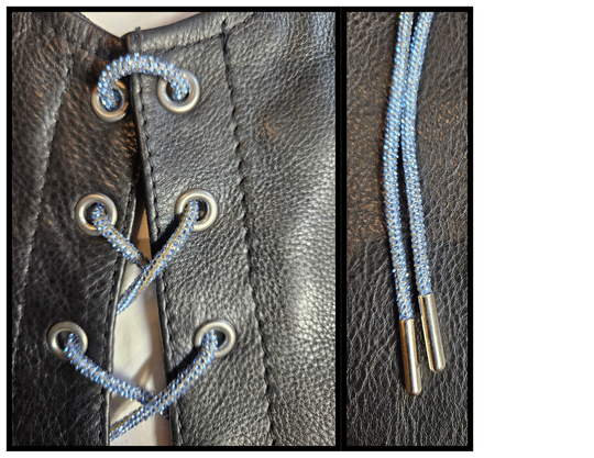 Bling Lace Pair is a new version of the standard leather lace, BUT with micro Bling attached. The crystal coating runs dense and even across the full 6-foot cord. A fun and shiny alternative to personalizing your vest. Available in our Smyrna, TN shop.

Orange is bright and bold. Blue is soft and ice cold. Red is bold and rich. Gold is a champagne shine. Silver is shimmering light. Pink has a blush-full depth. Purple is lavender. Black is dazzling.