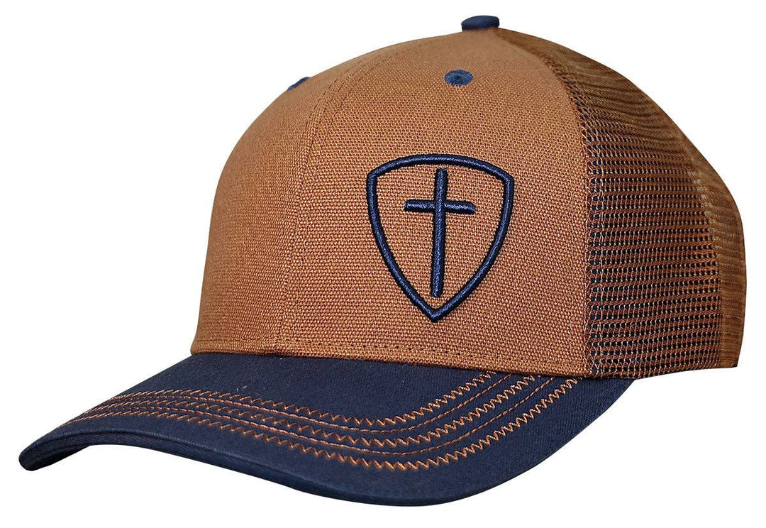 Blue Cross Shield Cap  by Kerusso. Declare yourself a conqueror in the name of Jesus in this handsome “Blue Cross Shield” Cap in Brown/Blue with topstitch detailing. The Lord goes before you in all things, and He always has your back. Share the Good News when you have the opportunity with the Blue Cross Shield cap. We sell these at our Smyrna, TN shop because we BELIEVE too!

Brown/Blue * Cotton Front / Mesh Back
Mid-Rise / Structured
One Size Fits Most