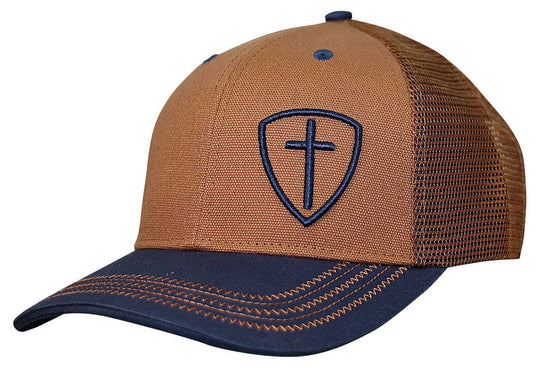 Blue Cross Shield Cap  by Kerusso. Declare yourself a conqueror in the name of Jesus in this handsome “Blue Cross Shield” Cap in Brown/Blue with topstitch detailing. The Lord goes before you in all things, and He always has your back. Share the Good News when you have the opportunity with the Blue Cross Shield cap. We sell these at our Smyrna, TN shop because we BELIEVE too!

Brown/Blue * Cotton Front / Mesh Back
Mid-Rise / Structured
One Size Fits Most