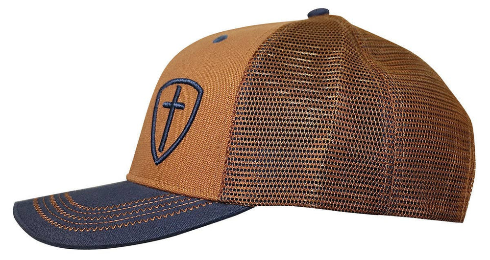 Blue Cross Shield Cap by Kerusso. Declare yourself a conqueror in the name of Jesus in this handsome “Blue Cross Shield” Cap in Brown/Blue with topstitch detailing. The Lord goes before you in all things, and He always has your back. Share the Good News when you have the opportunity with the Blue Cross Shield cap. We sell these at our Smyrna, TN shop because we BELIEVE too!
