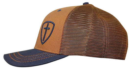 Blue Cross Shield Cap by Kerusso. Declare yourself a conqueror in the name of Jesus in this handsome “Blue Cross Shield” Cap in Brown/Blue with topstitch detailing. The Lord goes before you in all things, and He always has your back. Share the Good News when you have the opportunity with the Blue Cross Shield cap. We sell these at our Smyrna, TN shop because we BELIEVE too!
