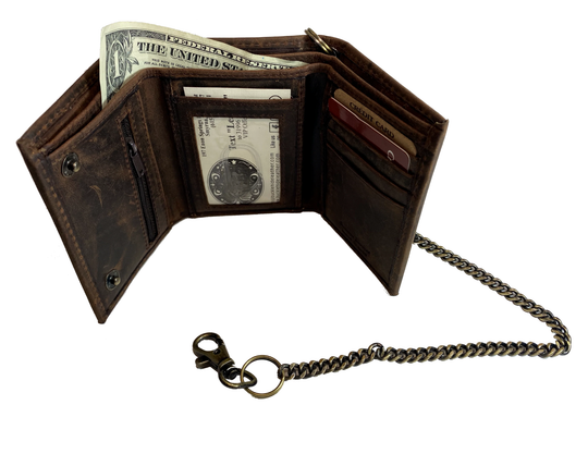 Popular Distressed brown Long Style RFID Secure Tri-fold Chain Wallet. 2 underneath cash slots, 14 card slots, I.D. slot, zippered pocket for all your important stash. Will darken with a nice patina with use. It&