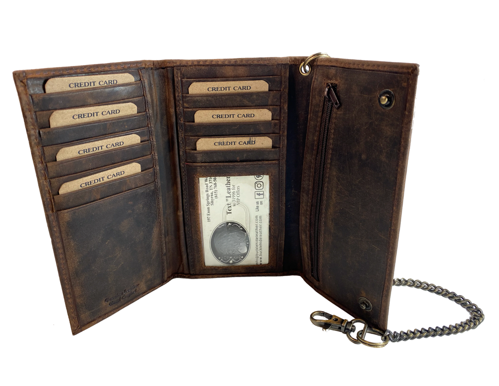 Popular Distressed brown Long Style RFID Secure Tri-fold Chain Wallet. 2 underneath cash slots, 14 card slots, I.D. slot, zippered pocket for all your important stash. Will darken with a nice patina with use. It's imported but it's Buckle and Hide approved. Standard long tri-fold size. Size is 6 3/4" x 3 3/4" when snapped closed. Fully open is 10 1/2" x 6 3/4".