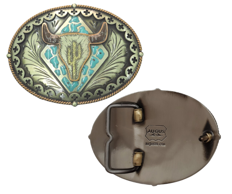 The Buffalo Plains buckle is handmade from German Silver (nickel and brass alloy) or iron metal base. Our products are all handcrafted. In order to give you the quality and long lasting final product we also plate each piece with copper, nickel and silver to ensure the piece&