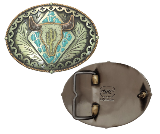 The Buffalo Plains buckle is handmade from German Silver (nickel and brass alloy) or iron metal base. Our products are all handcrafted. In order to give you the quality and long lasting final product we also plate each piece with copper, nickel and silver to ensure the piece&