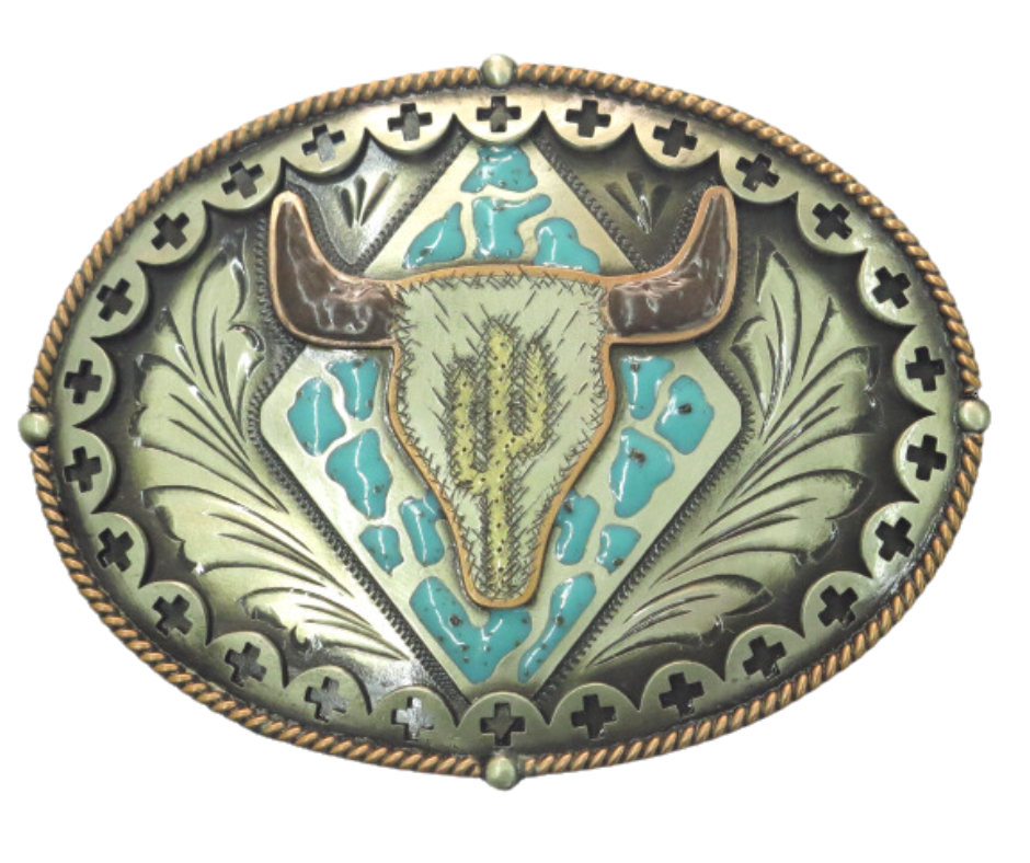 The Buffalo Plains buckle is handmade from German Silver (nickel and brass alloy) or iron metal base. Our products are all handcrafted. In order to give you the quality and long lasting final product we also plate each piece with copper, nickel and silver to ensure the piece's long lasting qualities. Available at our Smyrna, TN shop just outside of Nashville. Made in Mexico by talented metal workers.

Approx. Width 4” Height 3”/ Standard Swivel fits 1.5” belts