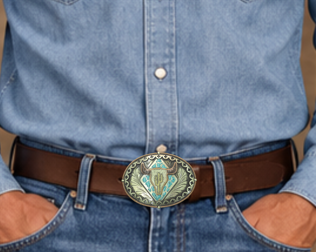 The Buffalo Plains buckle is handmade from German Silver (nickel and brass alloy) or iron metal base. Our products are all handcrafted. In order to give you the quality and long lasting final product we also plate each piece with copper, nickel and silver to ensure the piece&