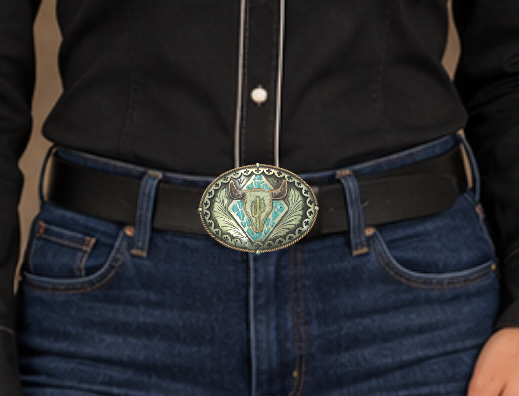The Buffalo Plains buckle is handmade from German Silver (nickel and brass alloy) or iron metal base. Our products are all handcrafted. In order to give you the quality and long lasting final product we also plate each piece with copper, nickel and silver to ensure the piece&