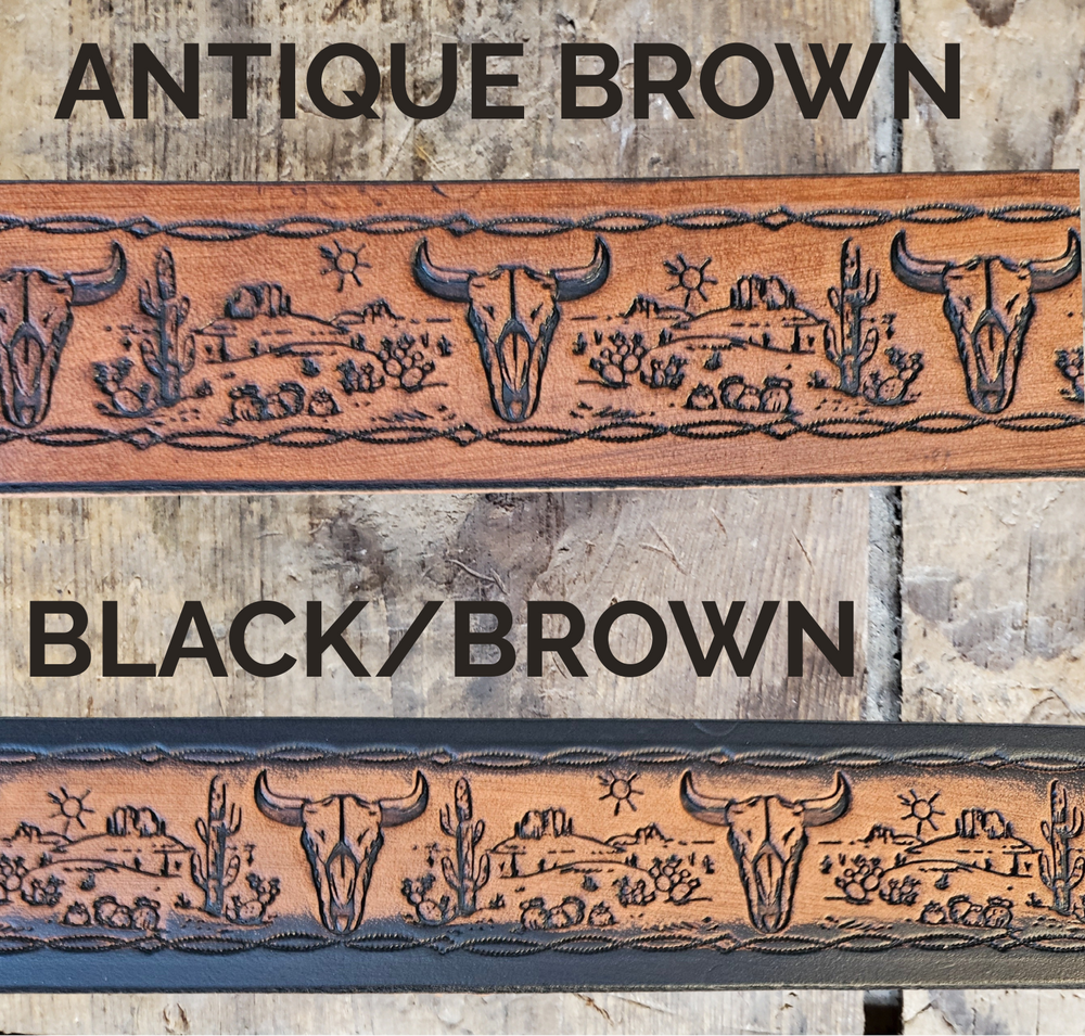 Buffalo Trails leather belt with buffalo skull and desert scene