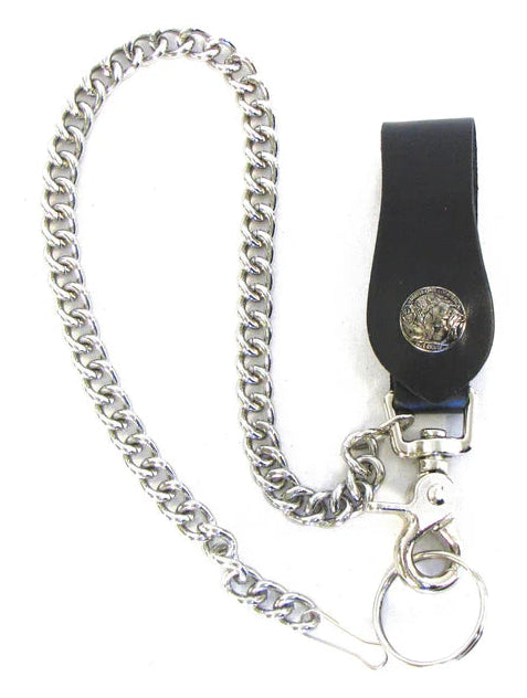 This Vintage style Steel Chain with a classic Buffalo Nickel Concho. Simple but Sturdy and will keep your wallet where it needs to be. The Leather loop, decorated with a Buffalo Nickel, attaches to your jeans and the split ring attaches to your wallet. Chrome plated. Ride down and get yours in our shop just outside Nashville in Smyrna, TN.

18" Chain Length
Leather belt tab