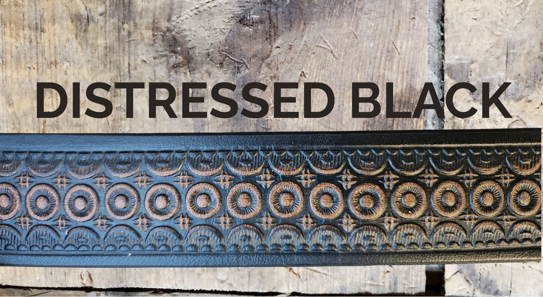 Bullock handmade Western leather name belt with circle pattern in Distressed Black color