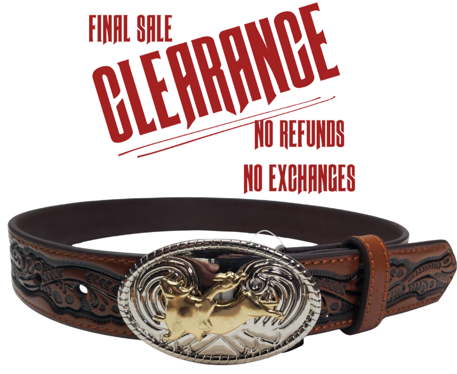 The Bullrider Jr. looks just like dad's but smaller. Made from Recycled Leather in China for a lower cost alternative. Features a western tooled appearance in classic brown and a Bullrider buckle. Limited stock available in our Smyrna, TN shop.

Sizes 24-30
1 1/4" width