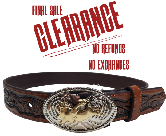 The Bullrider Jr. looks just like dad's but smaller. Made from Recycled Leather in China for a lower cost alternative. Features a western tooled appearance in classic brown and a Bullrider buckle. Limited stock available in our Smyrna, TN shop.

Sizes 24-30
1 1/4" width