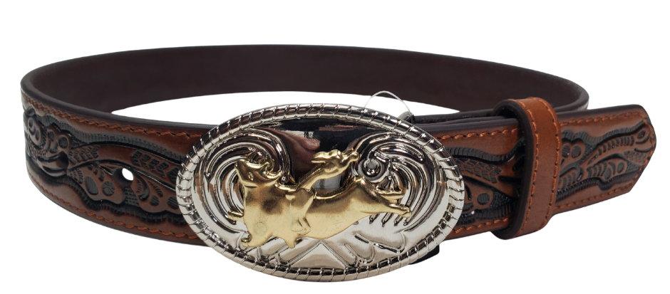The Bullrider Jr. looks just like dad's but smaller. Made from Recycled Leather in China for a lower cost alternative. Features a western tooled appearance in classic brown and a Bullrider buckle. Limited stock available in our Smyrna, TN shop.

Sizes 24-30
1 1/4" width