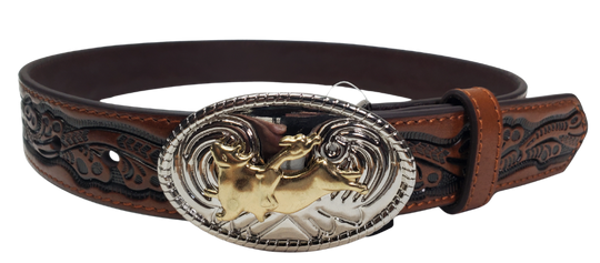 The Bullrider Jr. looks just like dad's but smaller. Made from Recycled Leather in China for a lower cost alternative. Features a western tooled appearance in classic brown and a Bullrider buckle. Limited stock available in our Smyrna, TN shop.

Sizes 24-30
1 1/4" width