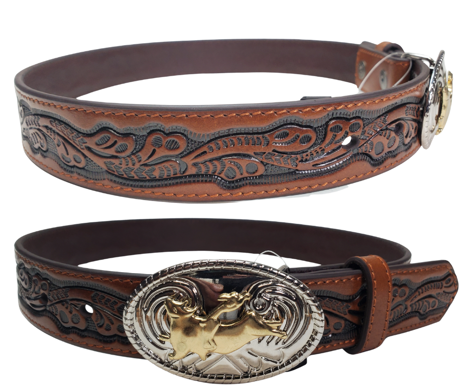 The Bullrider Jr. looks just like dad's but smaller. Made from Recycled Leather in China for a lower cost alternative. Features a western tooled appearance in classic brown and a Bullrider buckle. Limited stock available in our Smyrna, TN shop.

Sizes 24-30
1 1/4" width
